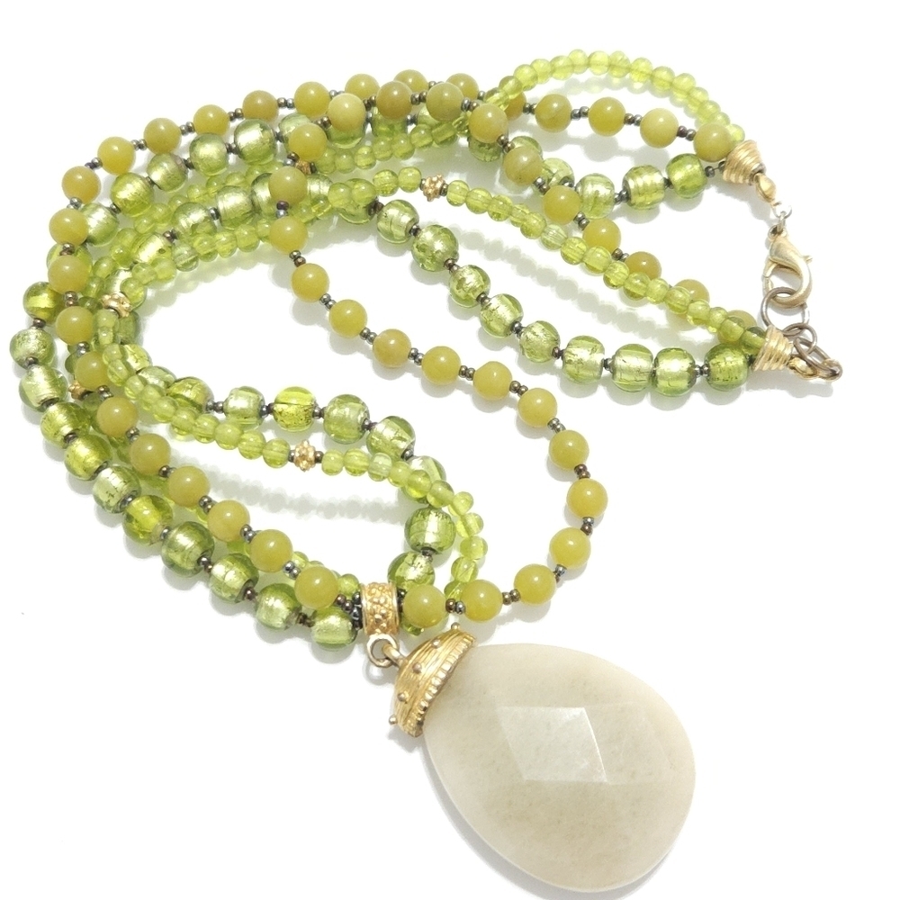 Green Jadeite Necklace  Teardrop Pendant Multistrand Jade Glass Beads